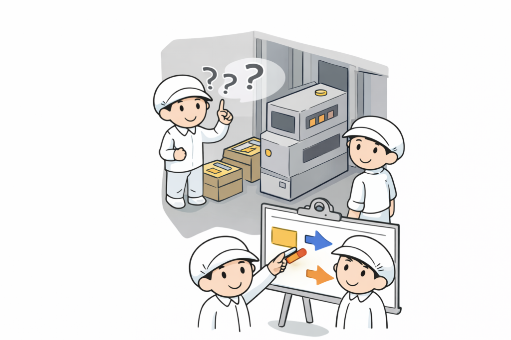 作業スペースや搬入条件に合わせて、ブリスター包装機の構造を検討している作業風景のイラスト