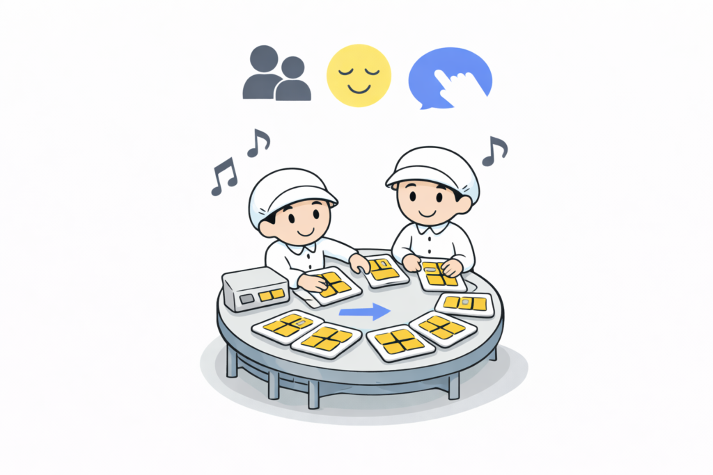 少人数でも効率よく、無理なくブリスター包装作業を行っている作業者の様子を表したイラスト