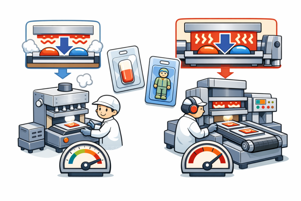 製品や包装資材の特性に応じて、加熱や冷却の方法を使い分けるブリスター包装工程のイラスト