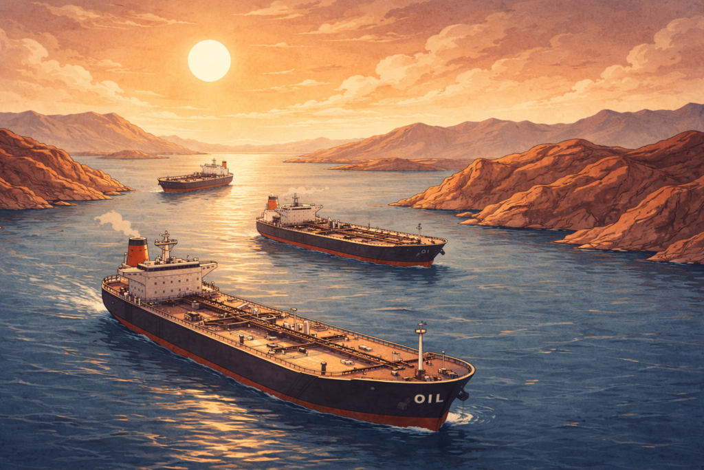 中東の強い日差しの下、岩場に囲まれた細い海峡を複数の大型オイルタンカーが進んでいる横長のイラスト。穏やかな青い海とやや緊張感のある空、工業的な船体が描かれた、暖色寄りのフラットな編集風イラスト。