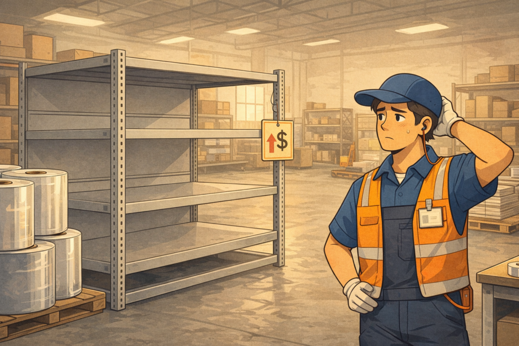 倉庫内の空になった棚の前で、作業員が困った表情で立ち止まっている横長のフラットイラスト。近くにはPETロールや包装資材が置かれ、棚には上向き矢印の付いた値札が見え、資材不足と価格上昇への不安がやわらかく表現されている。